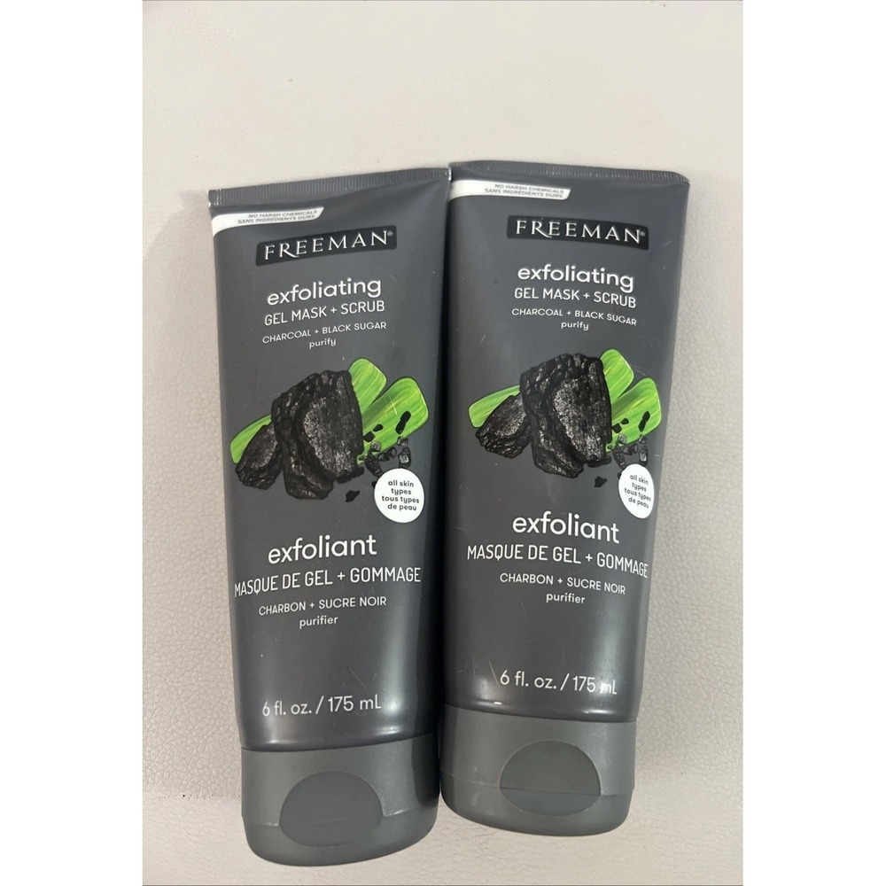 Freeman Exfoliating Gel Mask Scrub Charcoal Black Sugar 6oz 175ml 2 Pack New